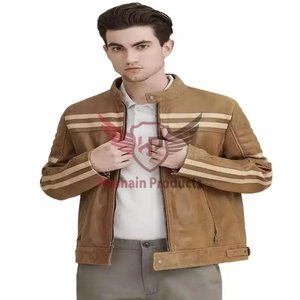 <b>Mens</b> Real Tan Leather <b>Jacket</b> Stand Collar White Racing Stripe Sheepskin Biker Coat Distressed Custom Vintage Winter Outerwear - Product Image 2
