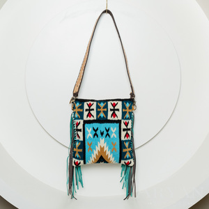 Hand Tooled & Saddle <b>Blanket</b> Crossbody Bag Hot Sale Genuine Leather and Turquoise Wool Fringe Concealed Carry Purse for Women's - Product Image 3