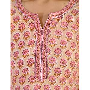 ชุดคุรตะผ้าฝ้ายพิมพ์ลายบล็อกสีครีมสำหรับใส่ทุกวัน แขนสามส่วน พร้อมกางเกง - Product Image 2