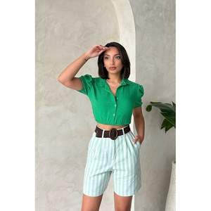 Shorts de Lino para Mujer Topshow con Cinturón a Rayas, Shorts Estilo Cagla de Alta Calidad al por Mayor - Product Image 5