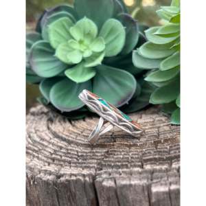 Vintage Navajo Turquoise Coral <b>Statement</b> <b>Ring</b> Geometric Sterling <b>Silver</b> <b>Ring</b> Vermeil Rhodium Plating Size 6.5 for Everyday Wear - Product Image 5