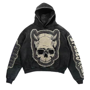Customization Cotton Cropped Distressed Patch Embroidered <b>Hoodie</b> Custom Vintage <b>Oversized</b> Distressed Hoodies <b>Men</b> - Product Image 5