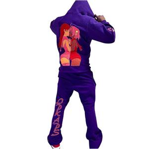 Sudadera con capucha y chándal de lana con estampado de soplo Unisex personalizado 2024 con pantalones de chándal acampanados apilados para invierno - Product Image 2