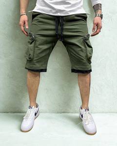 Pantalones cortos Cargo de algodón 100% para hombre, ropa de calle transpirable, pantalones cortos de gimnasio, cierre de cordón, patrón sólido, tejido informal, cintura media delantera - Product Image 1