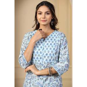 Kurti Recto de Algodón con Estampado Azul Cielo Hazira Ruhi - Product Image 1