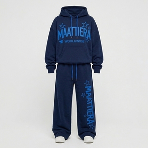 Conjunto Deportivo de Dos Piezas para Mujer, Sudadera con Capucha de Felpa Azul Marino, Pantalones Anchos con Estampado Gráfico, Ropa Casual de Calle - Product Image 3