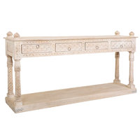 Table console moderne en bois de manguier blanc vieilli avec quatre tiroirs sculptés fabriqués à la main pour villa, hôtel, salon et couloir