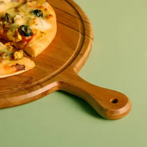 Petite planche de service ronde à pizza en bois d'acacia avec poignée Plateau en bois naturel Plateau à pagaie Vaisselle Plateau de service - Product Image 2