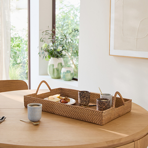 Plateau rectangulaire en rotin tressé, fabrication vietnamienne, avec poignées hautes, matériau naturel, pour servir café, gâteaux, etc. - Product Image 2