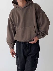 Meilleures ventes de sweats à capuche courts bruns pour hommes Corée du Sud sweats à capuche courts ajustés lourds de style rétro - Product Image 5