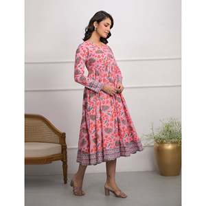 Robe longue rose en coton imprimé Angrakha, taille empire, style bohème décontracté, respirante, longueur ras du sol, pour femme de bureau, taille XL, ODM - Product Image 5