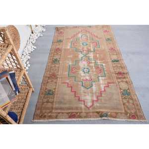 Vintage Turkish Area Rug 3,8x6,4 ft, <b>Brown</b> <b>Wool</b> Rug - Product Image 1