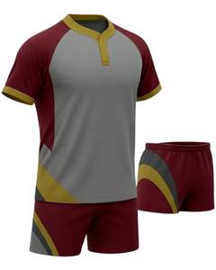 ชุดกีฬาเสื้อและกางเกงขาสั้นแบบกำหนดเอง สีแดงอมน้ำตาล เทา ทอง โพลีเอสเตอร์ พิมพ์ลายแบบซับลิเมชั่น ชุดทีมสำหรับผู้ชาย ชุดฝึกซ้อม - Product Image 1