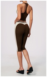 Brown Contrast Stripe Crop Top High Waist Capri Leggings 2 Piece Yoga Set Seamless Four-Way Stretch Activewear - Product Image 4