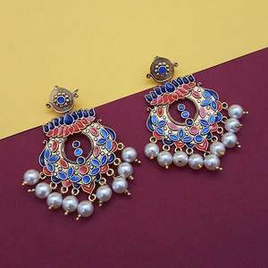 Kriaa Blue Meenakari y pendientes colgantes de perlas 1314225A joyería India elegante - Product Image 1