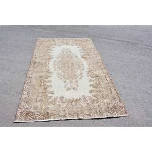 Alfombra turca Vintage Beige clásica, 5,3x9,2 pies, diseño de retazos de lana hecho a mano, respaldo de látex para cabecera, patrón de pasillo rectangular - Product Image 2