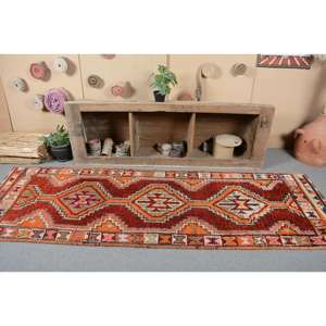 Vintage Kilim Rug 3 X 9.1ft Classic Turkish Design Wool Material with Latex Backing Patchwork Pattern in Red Orange for Teens - Product Image 4