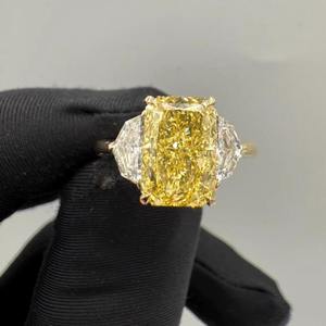 8.00 Carat Fancy Vivid <b>Yellow</b> Radiant Cut Lab Grown Diamond Engagement Ring 18K Gold Three Stone Design With Pear Sides - Product Image 1
