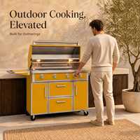 Barbecue à gaz extérieur jaune en acier inoxydable avec étagères latérales et rangement pour jardin et terrasse