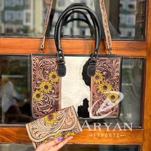 Western Real Hair on Hand <b>Tooled</b> <b>Leather</b> Women Sunflower Tote Bag Stylish Hand Carving <b>Leather</b> Floral Cowgirl Wallet Combo Set - Product Image 1