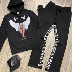 Vente en gros 100% coton pantalon de survêtement et sweat à capuche avec logo personnalisé ensemble de survêtement évasé unisexe pour hommes grande taille vêtements d'hiver - Product Image 4