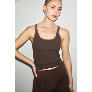 ETHIQUET BARRY Camiseta sin mangas con cuello redondo y tiras finas con detalles de encaje de algodón de corte regular para mujer - Product Image 6