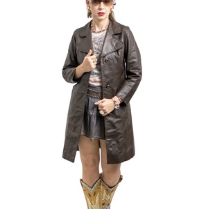 Abrigo de cuero de oveja de diseño Popular, chaqueta de cuero genuino para mujer, gabardina larga, Marrón caliente 2024 - Product Image 2