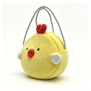 Sac à main rond jaune en peluche de poussin personnalisé, Sac à bandoulière doux en peluche de poussin avec corde tressée argentée, Sac jaune en peluche de poussin - Product Image 1