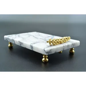 Plateau de service en marbre blanc de luxe, nouveau, élégant, pour plateaux de Table, haute qualité, vente en gros, plateau de service en marbre avec poignée en laiton - Product Image 4