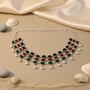 Women's Vintage Fine 925 Silver Multi-Stone Link Chain Choker Necklace - Product Image 2