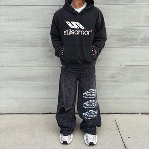 100% coton français éponge sweats à capuche lourds pour hommes personnalisé 500GSM strass brodé acide lavé en détresse impression DTG - Product Image 3