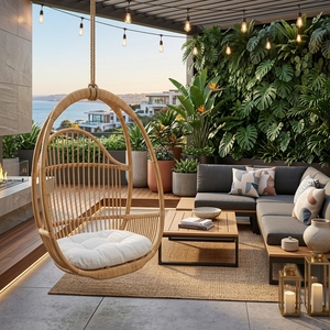 Fauteuil suspendu en rotin naturel Subaliu, chaise balançoire de jardin extérieure Kosovo HC avec coussin en sergé, décoration de patio, design artistique pur - Product Image 5
