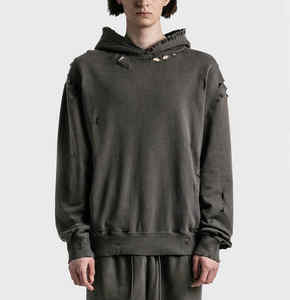 Usine Boxy Fit Vintage Hoodie Unisexe Avec Poches Latérales Cachées En Gros Recadrée Pierre Lavage À L'acide Surdimensionné Déchiré À Capuche Hommes - Product Image 3