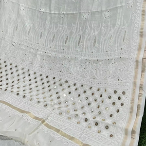 Sari de seda Chanderi pura de alta calidad con el trabajo tradicional de Lucknowi Chikankari y Mukesh sin arrugas para ropa de fiesta - Product Image 1