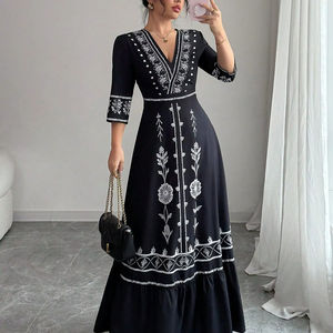 Vestido Túnica Vintage de Otoño, Casual, Largo, para Mujer, Cintura Natural, Manga Corta, Estilo Imperio, Bordado, con Volantes, 100% Algodón Tejido - Product Image 1