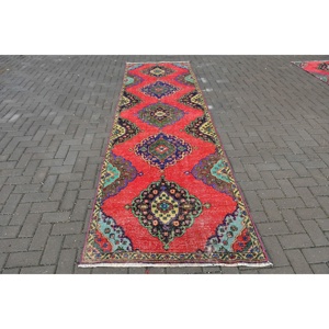 Alfombra Turca de 3.5x11.9 pies (106x364 cm), Alfombra Vintage con Cuadros Rojos - Product Image 1