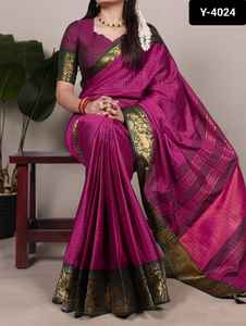 Ropa étnica india Poly Cotton Elegance con Chex y Zari Weaving Work Borders Saree con el mismo diseño Blusa Piezas para mujer - Product Image 4