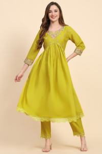 Trendmalls mujer amarillo G188 étnico satén seda bordado Salwar traje conjunto indio paquistaní Kurta pantalón Dupatta para boda todo - Product Image 5