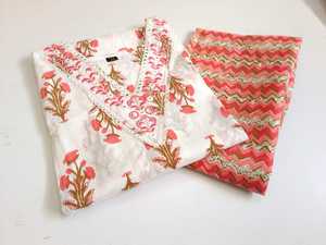 Kurta longue décontractée en coton biologique pur, coupe droite, manches 3/4, avec pantalon (taille élastique, col brodé, lavable) - Product Image 2