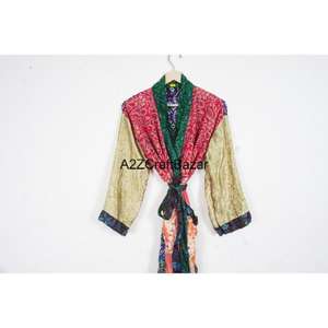 Handmade Luxury <b>Long</b> Silk Sari <b>Kimono</b> <b>Robe</b> for Women High Quality Vintage Patchwork Bridesmaid Summer Breathable Soft V-neck - Product Image 2