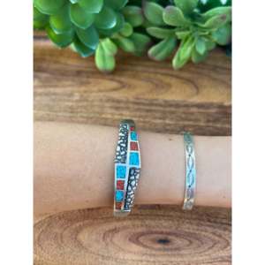 Vintage Navajo Turquoise & Coral Sterling <b>Silver</b> Flake Design Fashionable <b>Cuff</b> <b>Bracelet</b> - Product Image 2