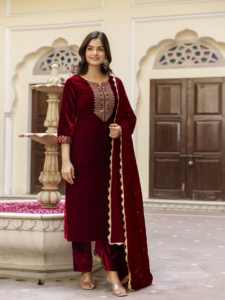 Conjunto de Salwar con Bordado Étnico de Terciopelo para Mujer, Marca Trendmalls, con Dupatta para Fiestas (G321-Marrón)-Materiales Reciclados - Product Image 4