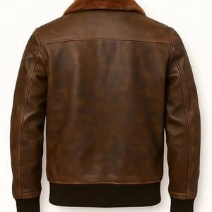 Premium Quality Men's Distressed Brown <b>Sheepskin</b> Leather Bomber Aviator Flight <b>Jacket</b> with Fur Collar And Ribbed Cuffs and Hem - Product Image 5