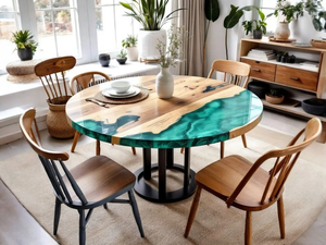 Table à manger ronde en bois d'acacia en résine artisanale moderne de luxe, imperméable pour Diwali, mariage, retraite, condoléances - Product Image 5