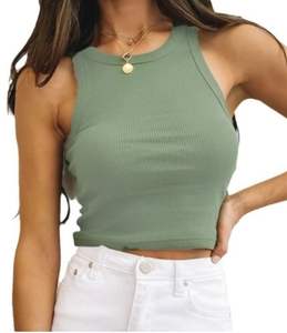 Top corto de punto de algodón para mujer, básico, informal, sin mangas, cuello redondo, acanalado, con logotipo frontal, longitud corta - Product Image 5