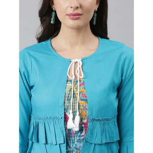 Turquoise Blue Tropical Printed Smocked Fit Flare <b>Dress</b> With Shrug - Product Image 2