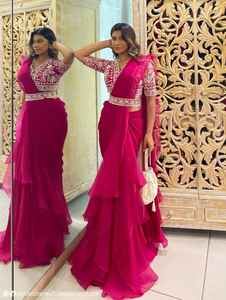 ผ้าส่าหรีแบบเย็บปักสำหรับงานปาร์ตี้ชุดแต่งกายแต่งกายหรูหราดีไซน์ใหม่ - Product Image 3