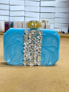 custom made ocean blue coloured resin clutches with embellished crystals for fashion accessory stores for resale - Product Image 3