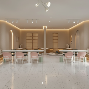 Muebles de Salón de Belleza con Estilo, con Lámpara Colgante en Forma de Nube y Espejo LED con Marco Ondulado, Interior de Salón en Color Crema Salvia - Product Image 4