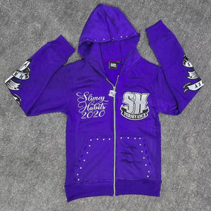 Sudadera con Capucha Personalizada, Chaqueta con Cremallera, Pedrería Brillante, Estampado Bordado Desteñido al Sol, Estilo Vintage Desgastado, Lavado Ácido, Diamantes de Imitación - Product Image 1